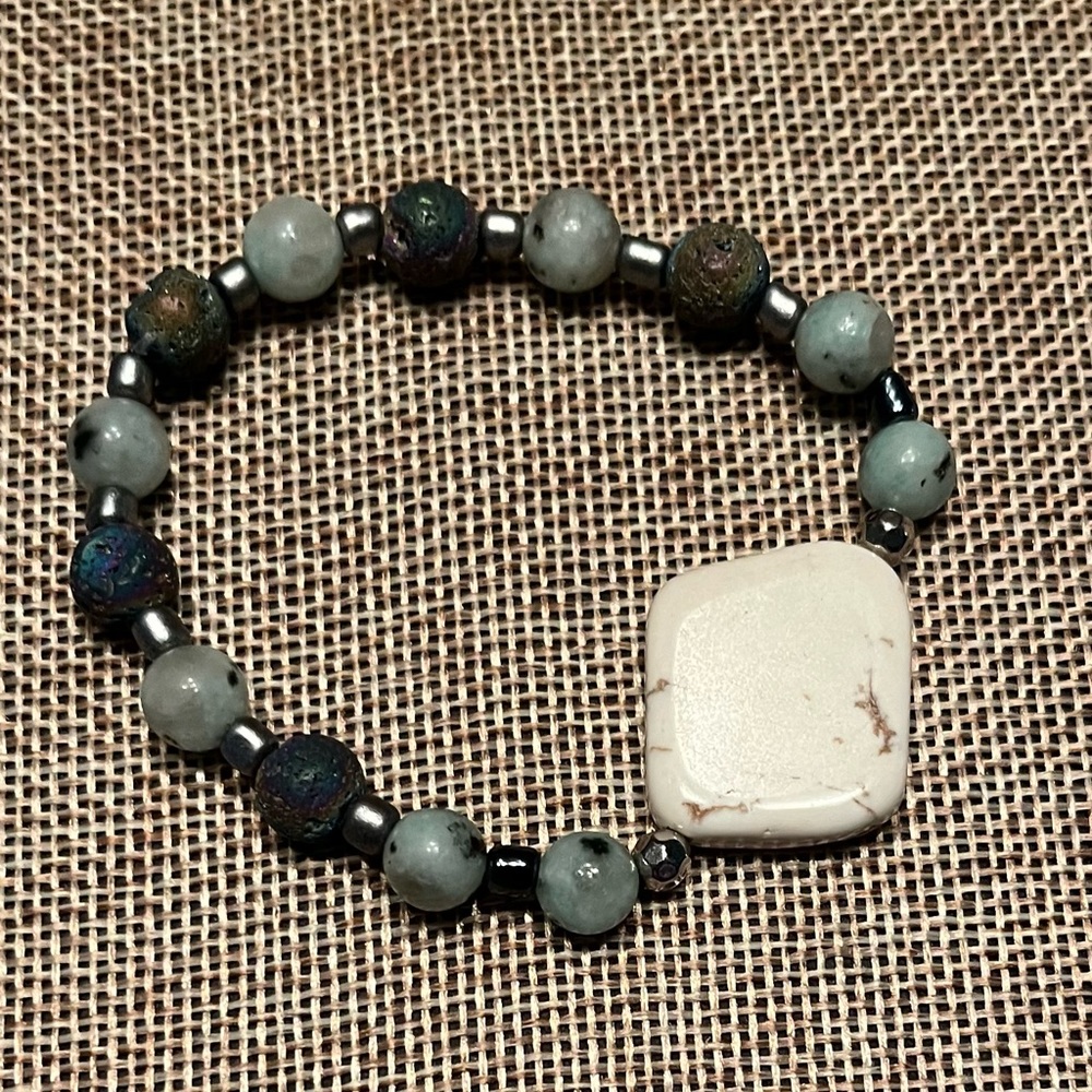 Handcrafted colorful lava diffuser bracelet white stone silver green beads